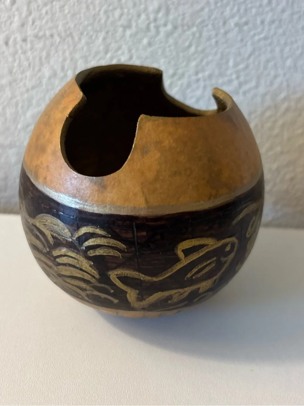 Hand‑Carved Decorative Gourd Bowl • Folk Art • Rustic Boho Home Decor